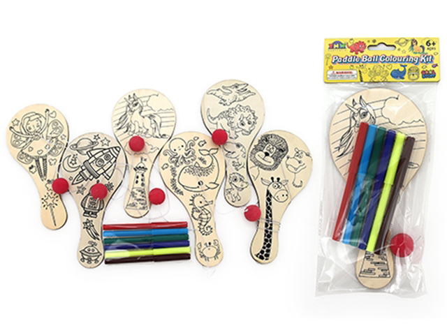 PADDLE BALL COLOURING KIT W/COLS PENS 6ASST
