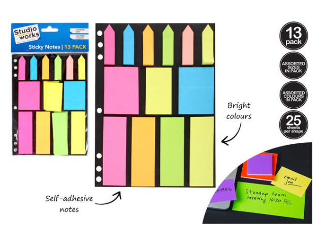 STICKY NOTES ASST SIZES 25 SHEETS 13PK