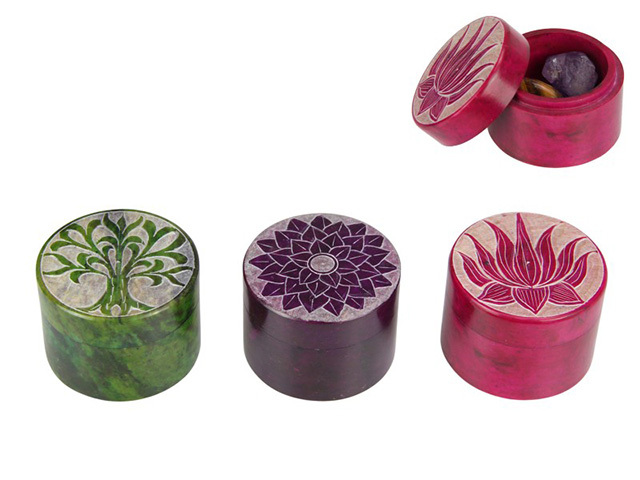 5CM ROUND SOAPSTONE TRINKET BOX 3ASST