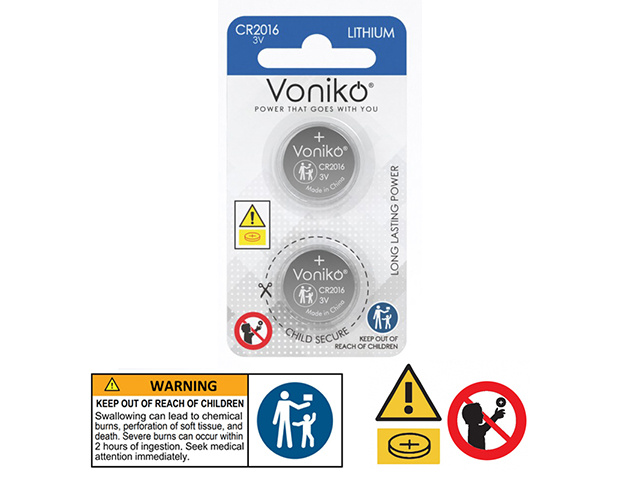 VONIKO LITHIUM BUTTON BATTERY CR2016 2pcs