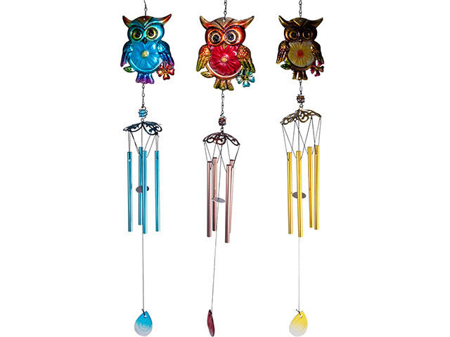 METAL OWL WINDCHIME 3ASST
