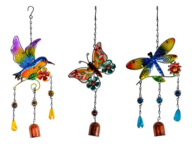 36CM GLASS/METAL BFLY/DFLY/HBIRD CHIME QTY 3