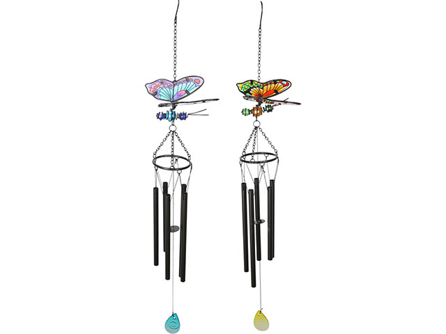 METAL GLASS BFLY CHIME W/BLACK TUBE QTY 2
