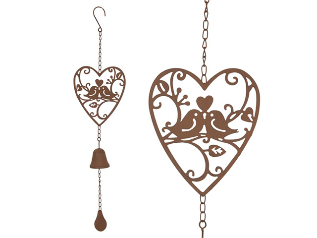 65CM METAL LOVE BIRD SIN HEART WBELL QTY 2