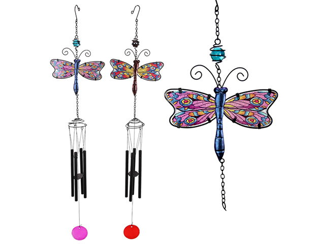 MOSAIC GLASS DFLY WINDCHIME 2ASST