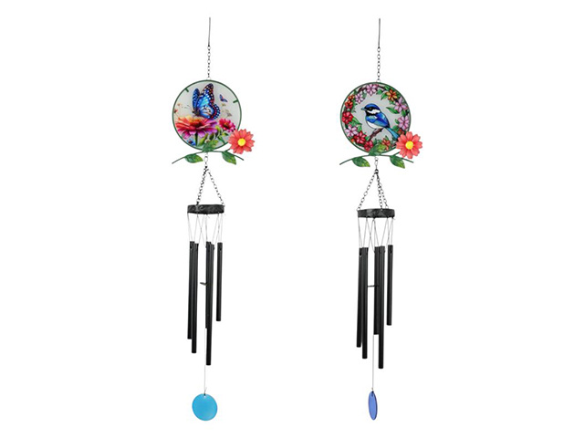 90CM WREN AND BFLY GLASS WINDCHIME 2ASST
