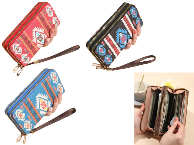 DOUBLE ZIP WOMENS PURSE 20X5.5X10CM 3ASST QTY 6