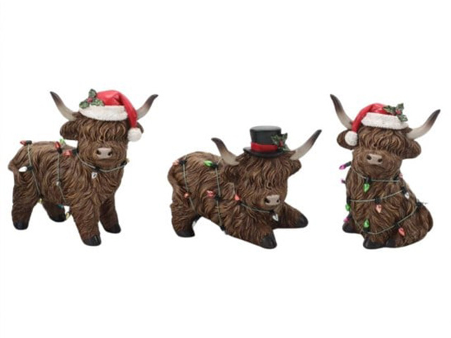 RESIN XMAS HIGHLAND COW W/STRING 13.5X6X13CM 3ASST SOLD QTY6