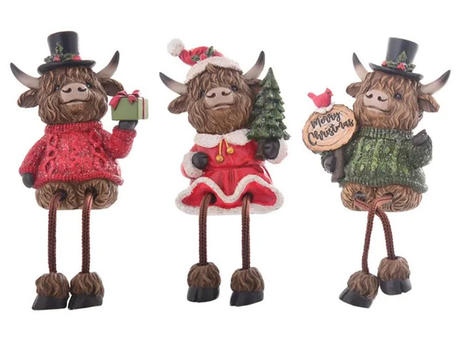 XMAS HIGHLAND COW WITH DANGLY LEG 3ASST SOLD QTY12