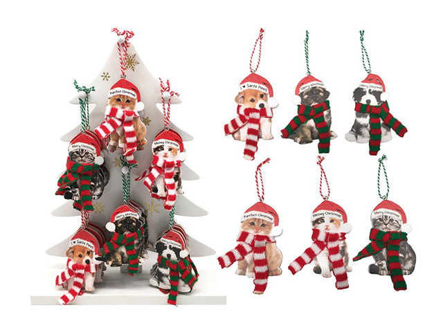 9CM CAT AND DOG XMAS TREE HANGER 6ASST UN24