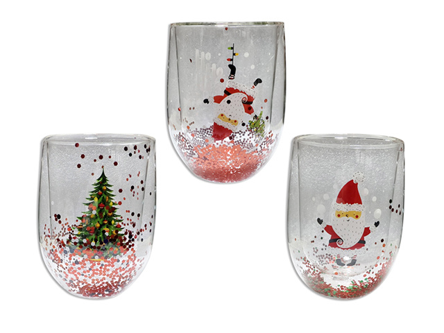 XMAS GLITTER GLASS CUP DOUBLE WALL 3ASST